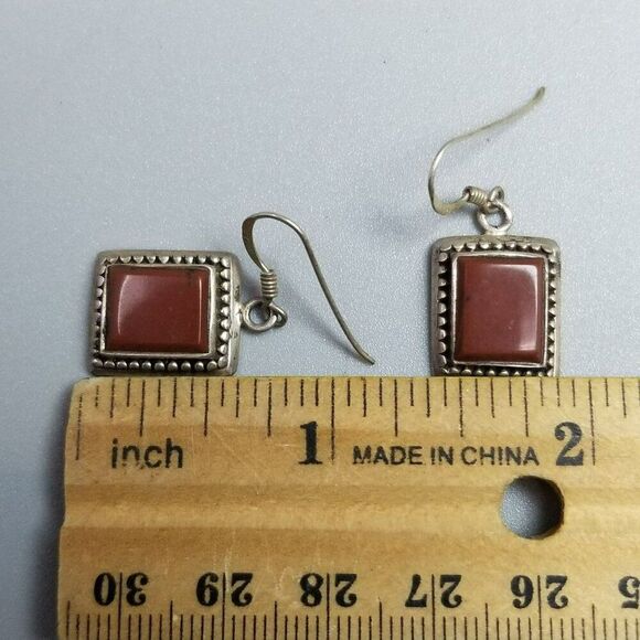 Vintage Sterling Silver Rectangle Red Stone Dangle Earrings, Minimal Design, 925 - Picture 5 of 9